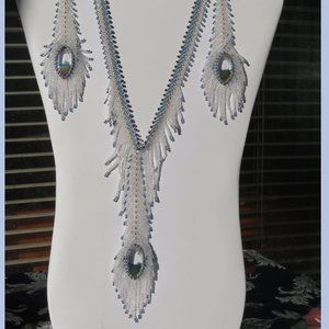 Icy Peacock Feather necklace earring set